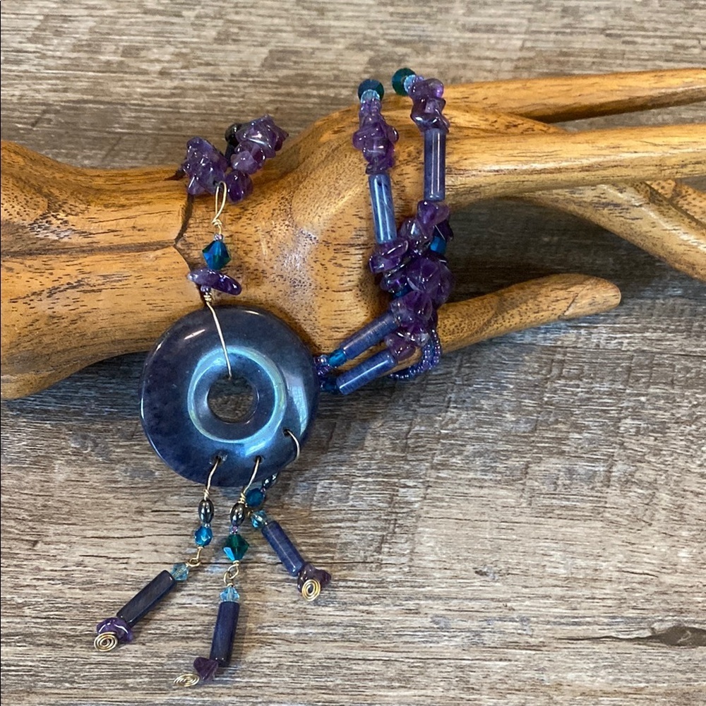 Amethyst Beaded Celestial Inspired Handmade Necklace with Circular Pendant - Picture 8 of 16